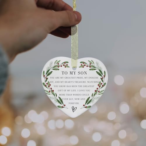 My Dear Son Christmas Ornament 2026 – 3.9" Ceramic Keepsake with Double-Sided Design (Heart-Son) PDE-QUNLIAN