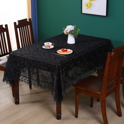 Large Black Lace Tablecloth 140 Inch Rustic Farmhouse Rose Jacquard