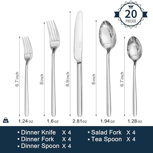 20-Piece 18/10 Stainless Steel Flatware Set for 4 - Mirror Polished