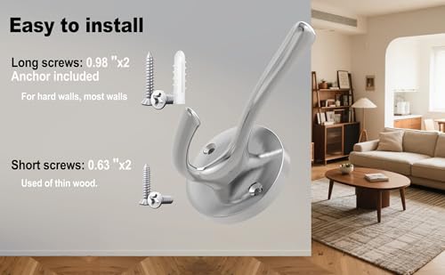 Brushed Nickel Double Wall Hooks - Heavy Duty Coat and Towel Hooks (2 Pack)