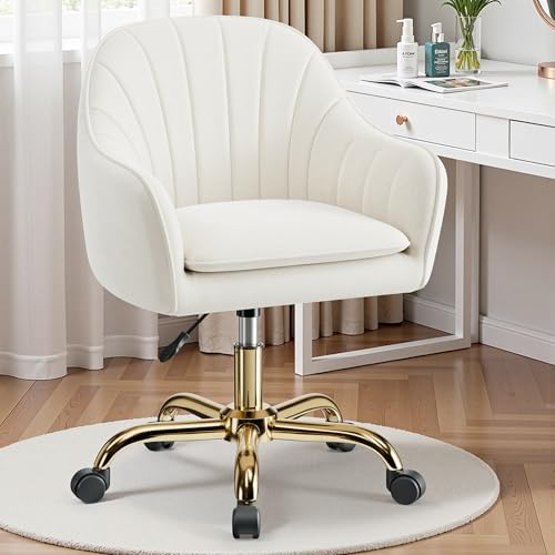 Velvet Vanity Desk Chair with Wheels - Adjustable Swivel Makeup Chair, Beige