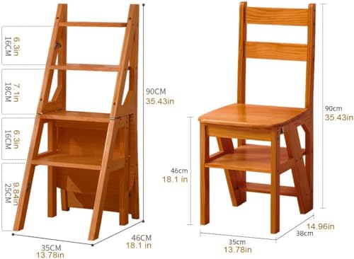 4-Tier Wooden Folding Step Ladder Chair, Multi-Function Step Stool