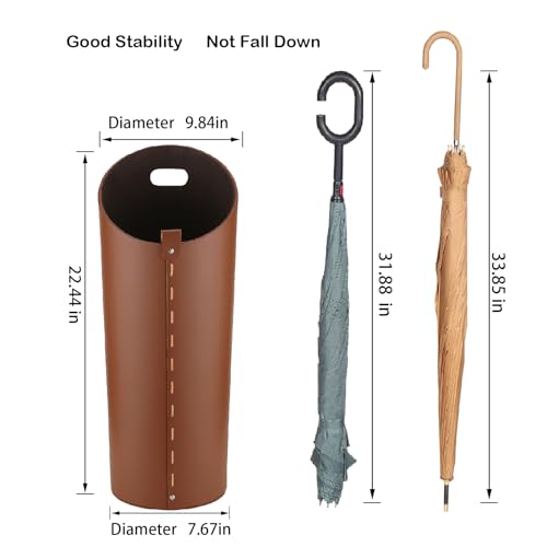 Modern Brown Leather Umbrella Stand with Drip Tray for Entryway