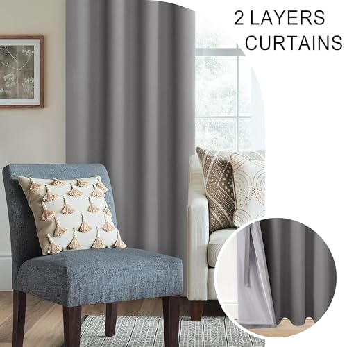 Blackout Curtain Panels with Tiebacks - Noise Reducing Grommet Curtains, Grey, 52" x 54", Set of 2