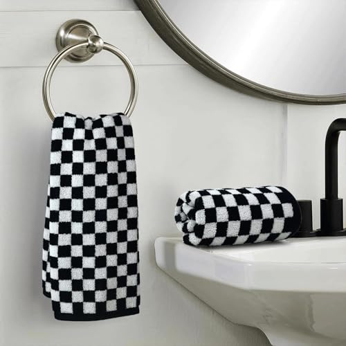 Black and White Cotton Hand Towels, 13x29 Inch Checkered Set of 4
