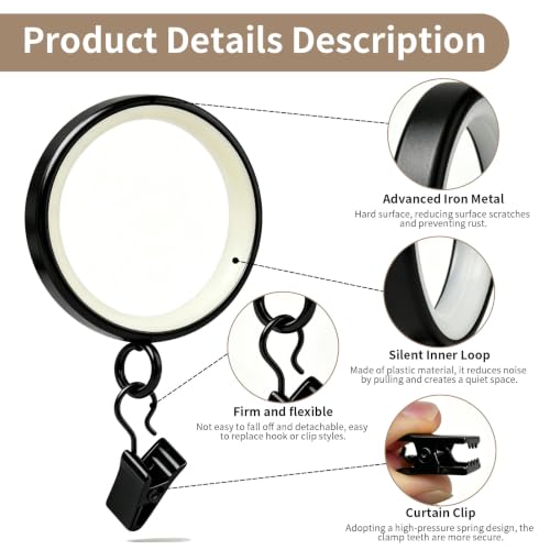 22 Pack Metal Curtain Rings with Clips, 1.6-Inch Inner Diameter, Black