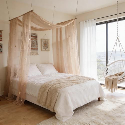 Sheer Star and Moon Canopy Bed Curtains for Kids Montessori and Twin Beds