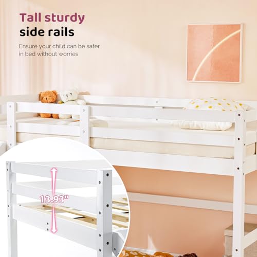 Twin Low Loft Bed with Slide for Kids, Sturdy Pinewood Frame with Guardrail