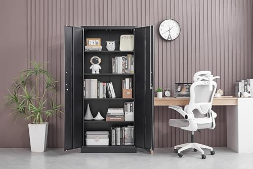 71-Inch Metal Storage Cabinet with Adjustable Shelves, Black Steel