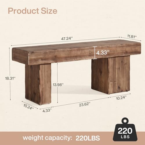 47" Rustic Solid Wood Entryway Bench, Farmhouse Dining Bench with Artistic Legs