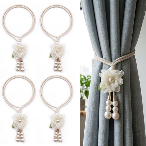 Adjustable Hand-Woven Curtain Tiebacks with Silk Flower and Pearl (Set of 4)