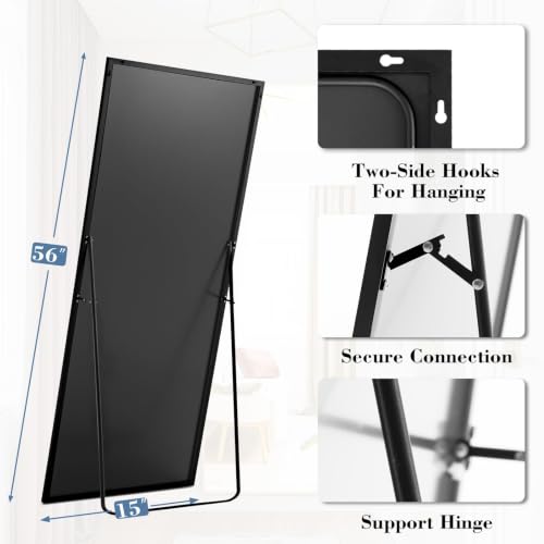 56"x15" Full Length Mirror - Thin Black Aluminum Frame for Wall & Floor