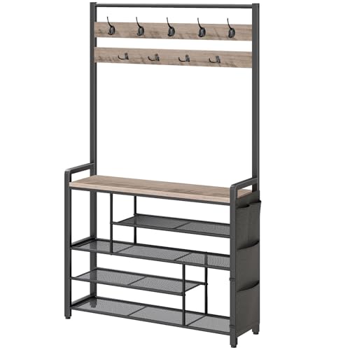Industrial Hall Tree with Bench and Shoe Storage, 39-inch Entryway Coat Rack