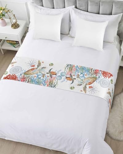 Coastal Sea Turtle Satin Bed Runner for King Size Bed - 94 x 20 Inch