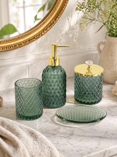 4-Piece Sage Green Glass Bathroom Accessory Set with Soap Dispenser