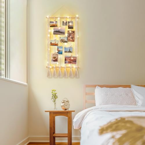 Macrame Wall Hanging Photo Display with LED String Lights & 30 Clips