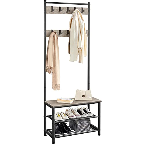 3-in-1 Hall Tree with Storage Bench, Shoe Rack, and 9 Movable Hooks, Gray