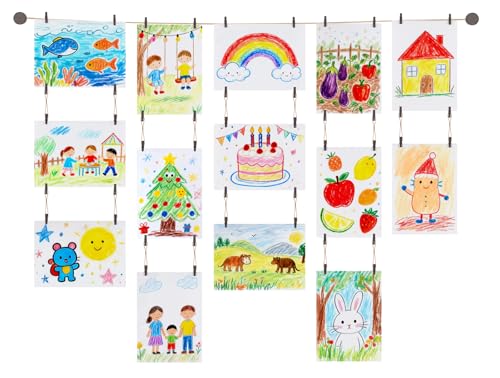Kids Art Display Hanging Wall Decor with 34 Wooden Clips, 59-Inch Rope