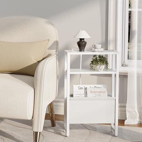 Narrow Side Table with Charging Station & Magazine Rack - 3-Tier Slim End Table
