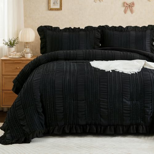 Black King Comforter Set, 3-Piece Ruffle Seersucker Textured Bedding Set