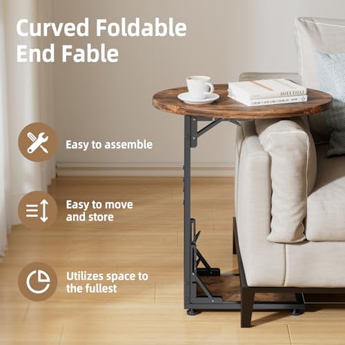 2-Tier C-Shaped Folding Side Table, Compact Metal & Wood Sofa End Table