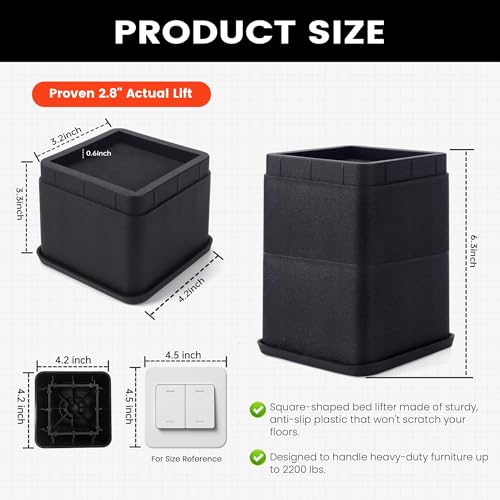 Heavy-Duty 3-Inch Bed Risers - Non-Slip Furniture Lifters (4-Pack, Black)