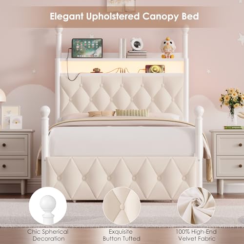 Twin Canopy Bed Frame with LED Lights, Storage Headboard & Charging Station