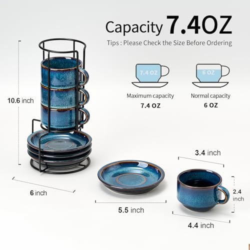 Midnight Tide Porcelain Stackable Espresso Cups & Saucers Set with Metal Stand, 7.4 oz Coffee & Tea Cups