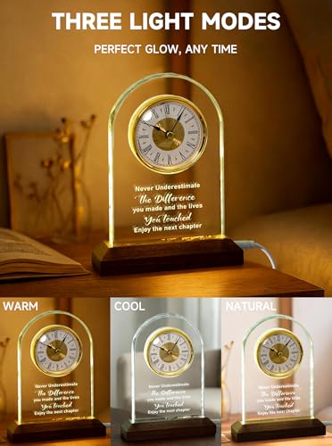 Engraved Glass Retirement Desk Clock with 3-Color LED Wooden Base