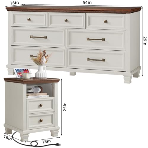 7-Drawer Farmhouse Dresser and Nightstand Set with Charging Station