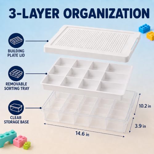 Stackable Building Block Organizer Box with 3 Removable Sorting Trays