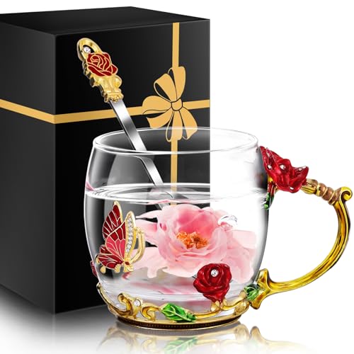 MNZZ Women's Short Red Glass Tea Coffee Mug Set with Spoon - Gift Idea