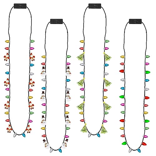 12PCS LED Light Up Christmas Necklace Set - 4 Modes, 26 Bulbs, Tree/Santa/Candy Cane Design (EOBOH)