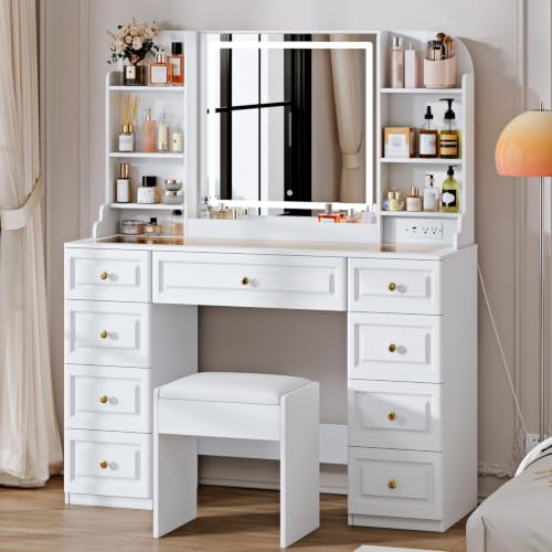 43-Inch Makeup Vanity Desk with LED Mirror, Power Station and 9 Drawers