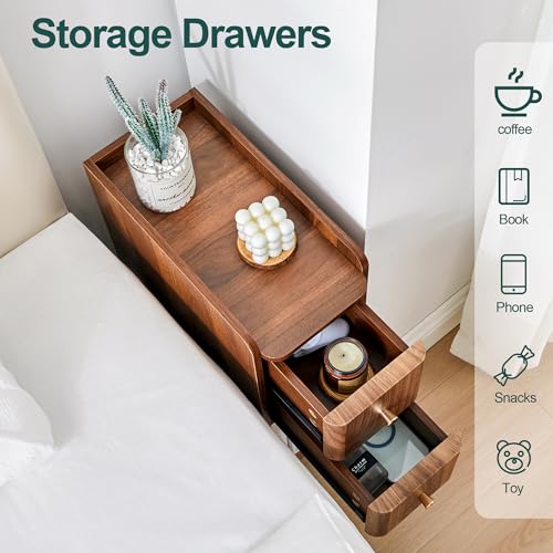 Narrow Wooden Nightstand with 2 Drawers, Slim Bedside Table for Bedroom