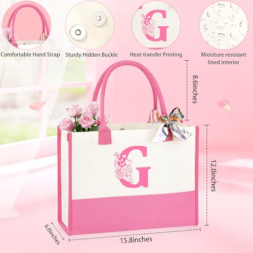 GQDECOR Personalized Monogrammed Pink Birthday Gift Set for Women, Includes G Necklace, Tote Bag & More (Variation: G)