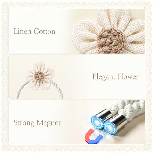 Boho Magnetic Curtain Tiebacks - Rustic Linen Cotton Flower Holdbacks (2 Pcs)