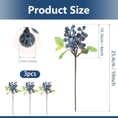 10-Inch Artificial Blueberries with Stems - 3 Pcs for Floral Arrangements