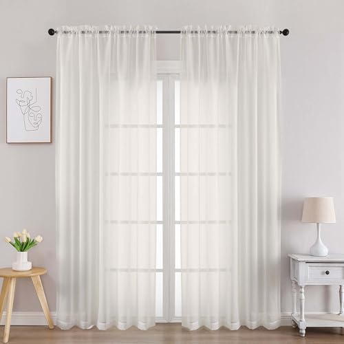 Ivory Sheer Curtains 84 Inches Long - Light Filtering Rod Pocket Panels (2 Pack)