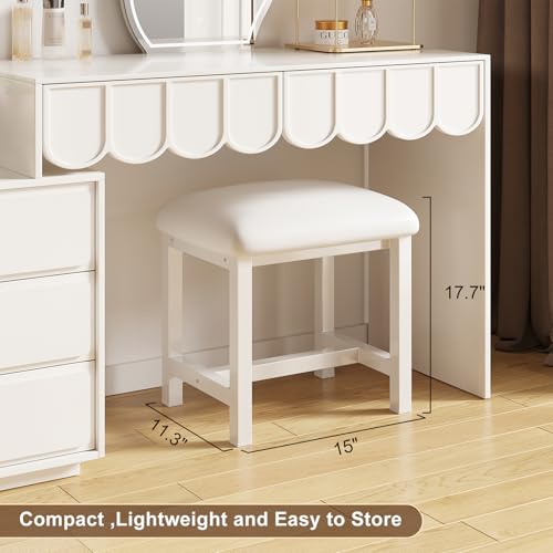 White Vanity Stool with Faux Leather Seat, 18-Inch Backless Makeup Chair
