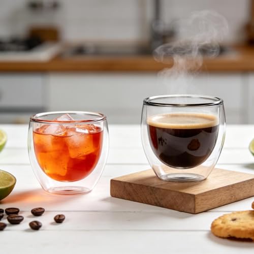TEPLONEST 5oz Double Wall Insulated Espresso Cups Set of 2 - Clear Glass Shot & Coffee Mugs