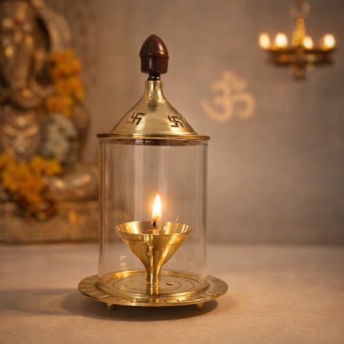 Brass Akhand Jyoti Diya Oil Lamp with Glass Wind Protector (4 Inch)