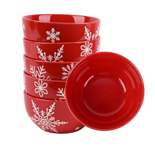 Red Ceramic Christmas Cereal Bowls Set - 6 Pieces, 5.6 Inch Snowflake Holiday Dinnerware