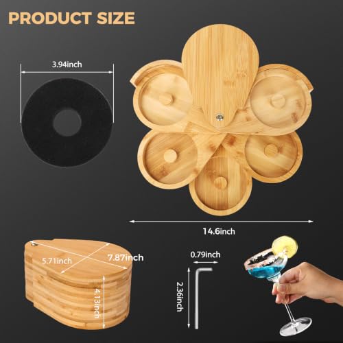 Bamboo Margarita Salt Rimmer Set with Rotating Tray & Sponges – Cocktail & Party Condiment Organizer