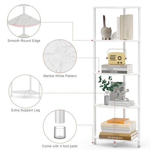 5-Tier Corner Shelf Stand, 44-inch Kitchen Storage Organizer, Marble White