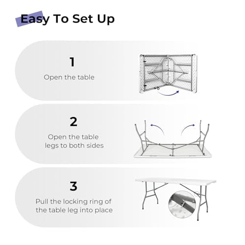 6ft Folding Utility Table, Portable Plastic Fold-in-Half Table for Dining