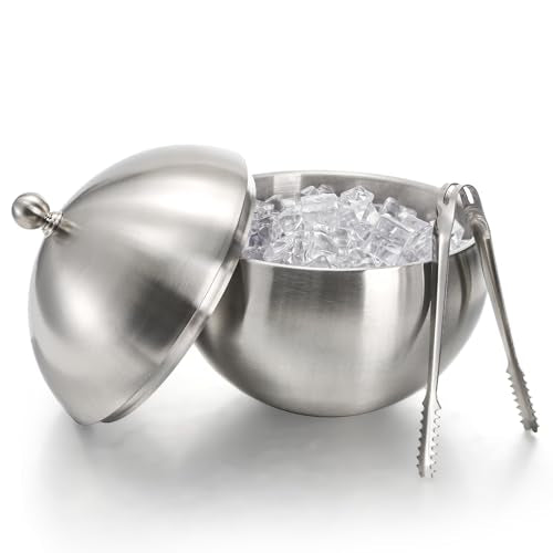 Yesland 2L Stainless Steel Double Wall Insulated Ice Bucket with Lid & Tongs - Spherical Wine & Champagne Chiller for Home Bar & Parties