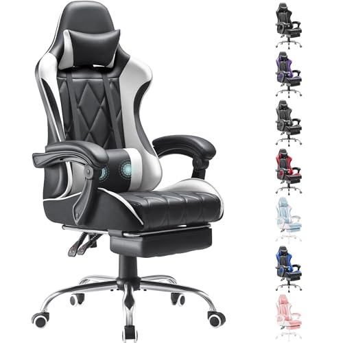 Ergonomic Gaming Chair with Footrest and Massage Lumbar Support - White