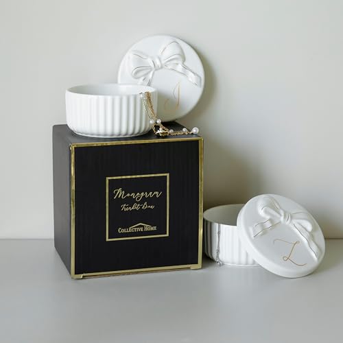 Ceramic Jewelry Box with Gold Bow Lid, White Porcelain Vanity Organizer