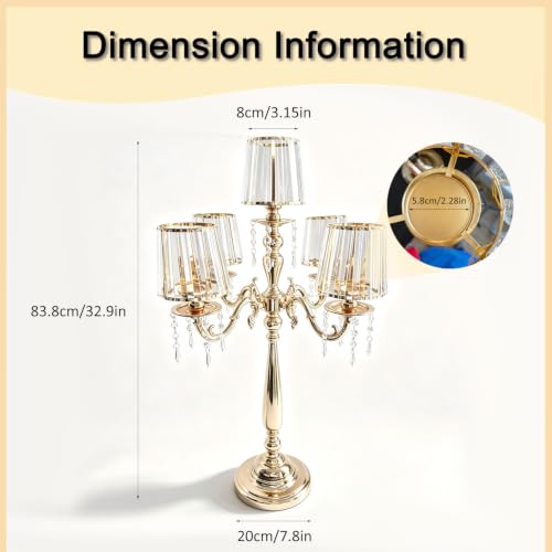5-Arm Gold Candelabra Centerpiece 33-Inch Tall with Glass Shades & Crystal Pendants - VINCIGANT